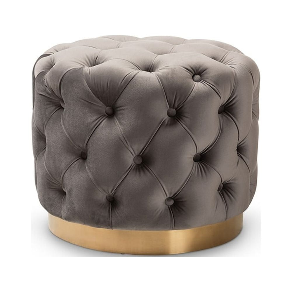 Baxton Studio Valeria Glam Gray Velvet Fabric Upholstered Gold-Finished Button Tufted Ottoman