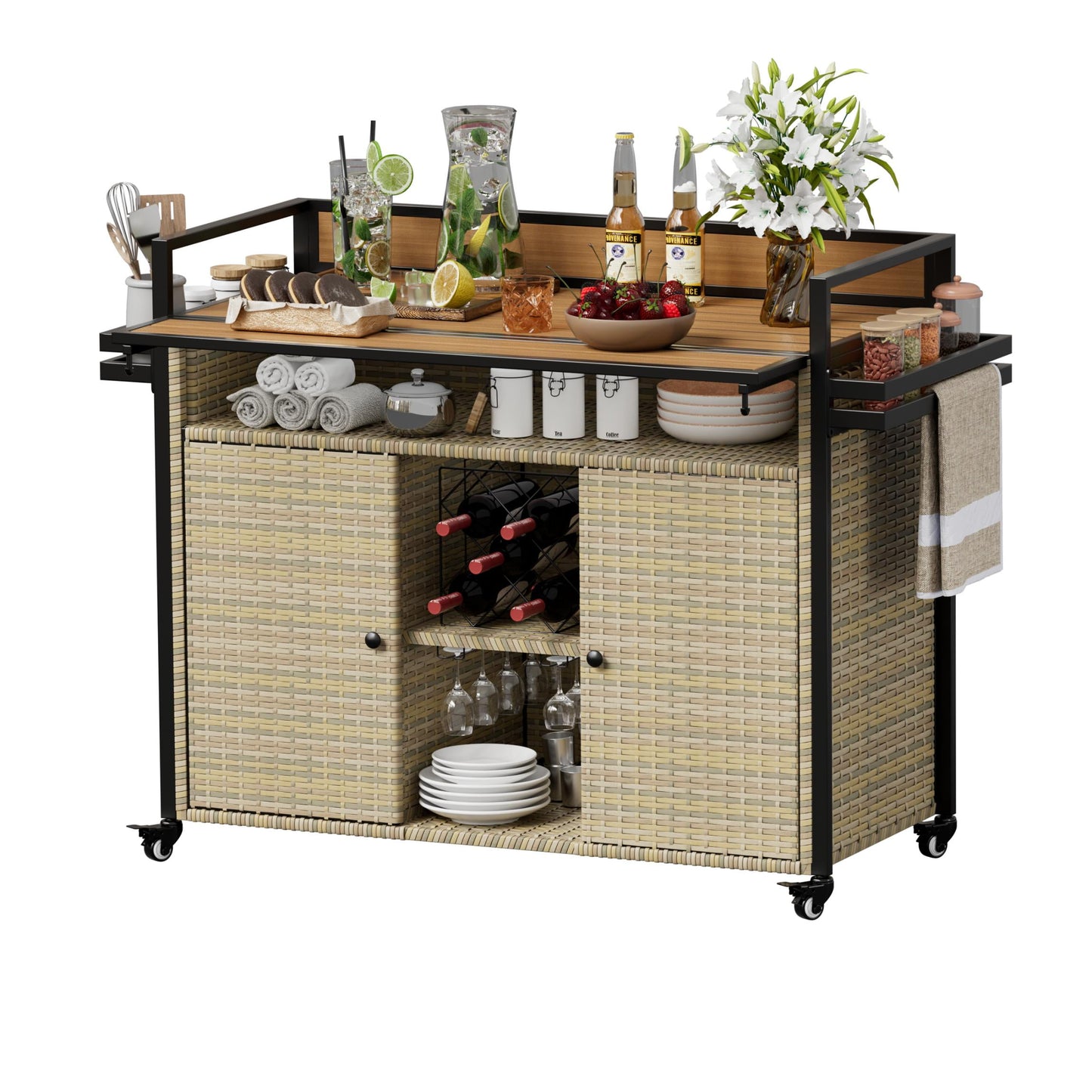 CABINAHOME Outdoor Kitchen Wicker Rolling Bar Cart with Storage Cabinet,Extended Plastic Wood Table Top,Kitchen Island on Wheels with Double Handle Design,for Patio Backyard Garden Poolside, Brown