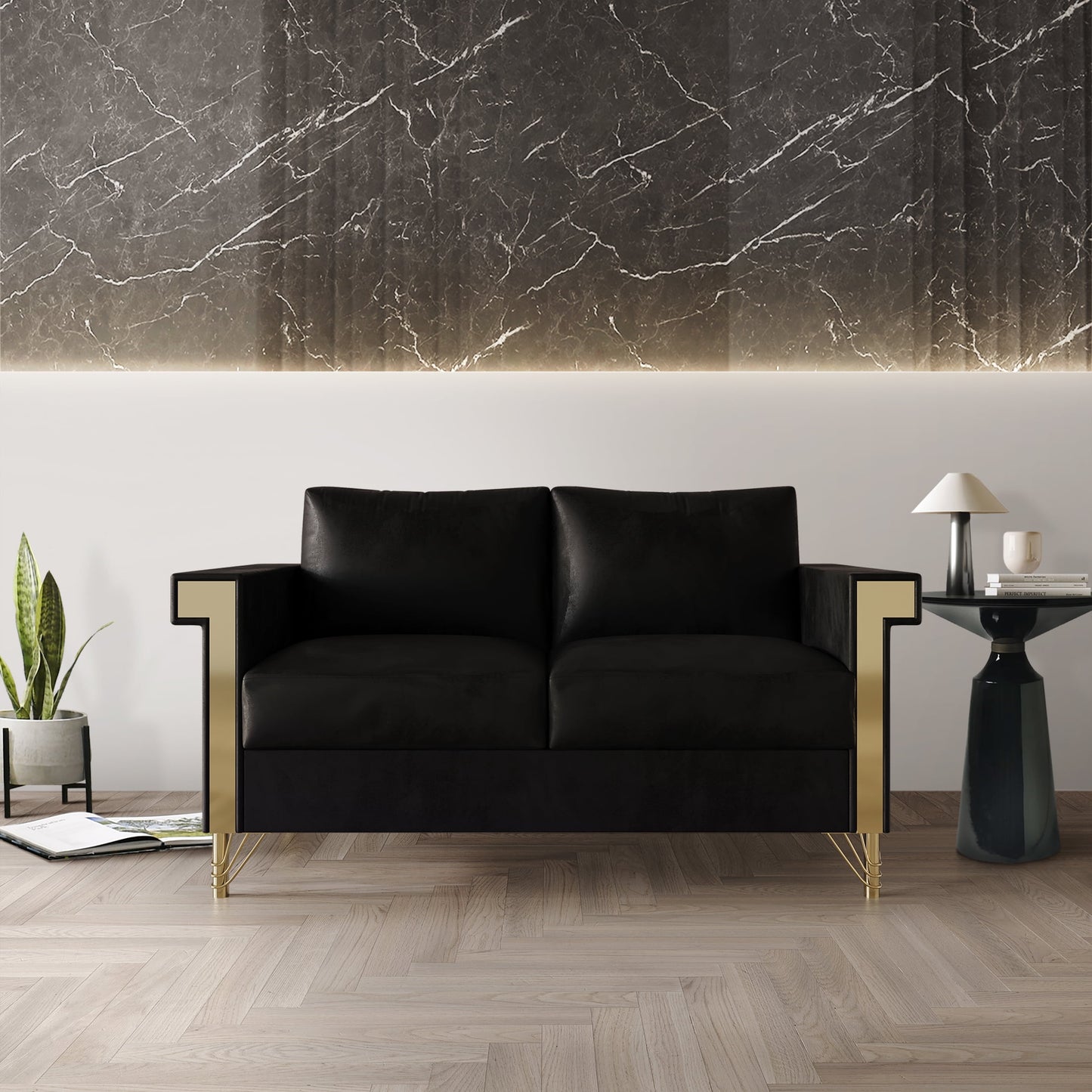 Castle Place Comtemporary Glam Velvet Upholstered Loveseat, Black