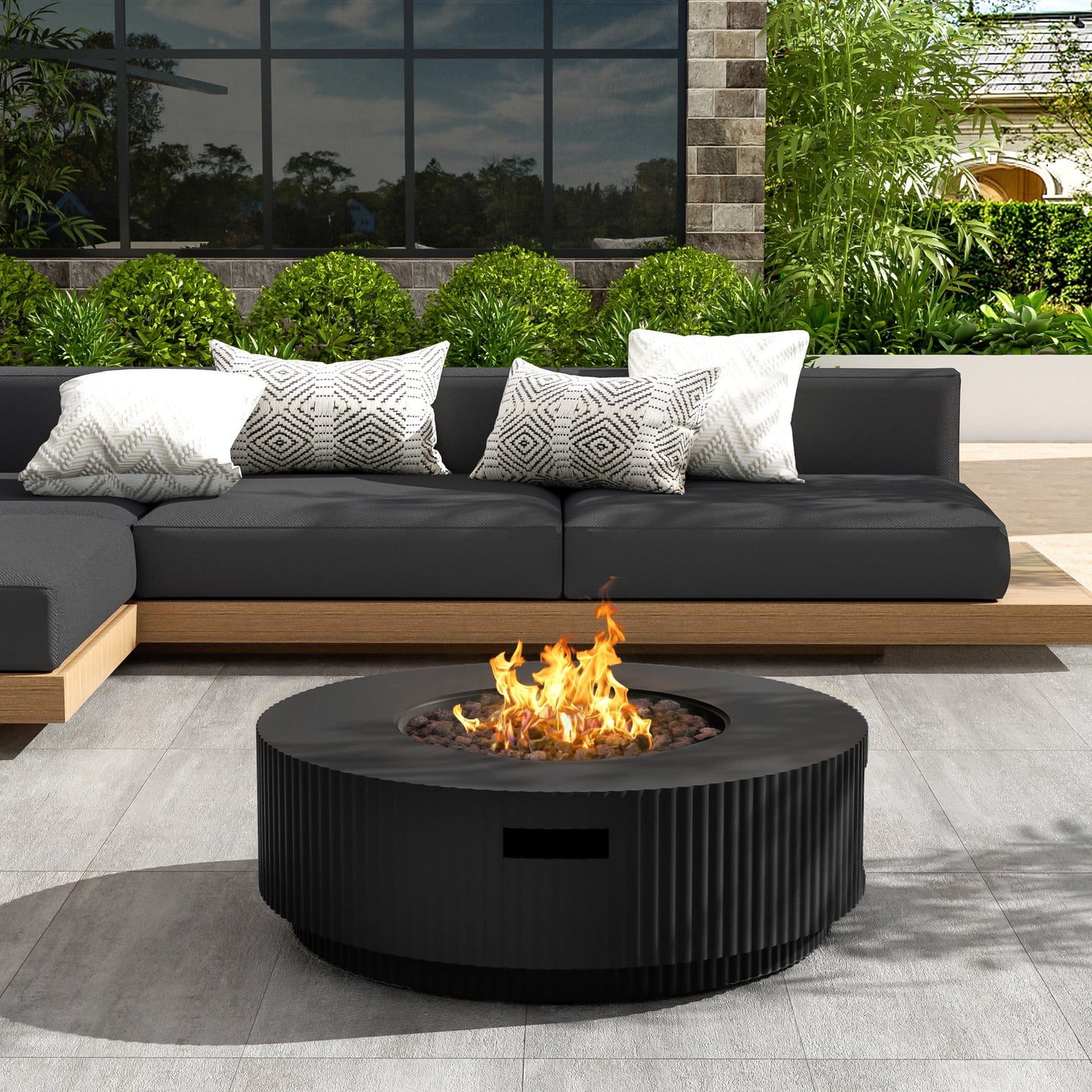Christopher Knight Home 30" Patio MGO Propane Fire Pit, 40,000 BTU Ribbed Round Heater with Lid, Black