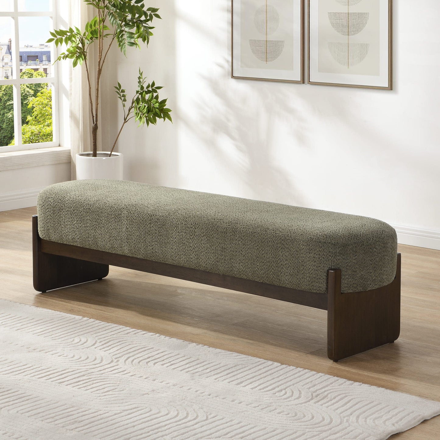 Christopher Knight Home Loop Yarn Rectangle Ottoman Bench with Brown Wooden Legs and Dark Green Upholstered