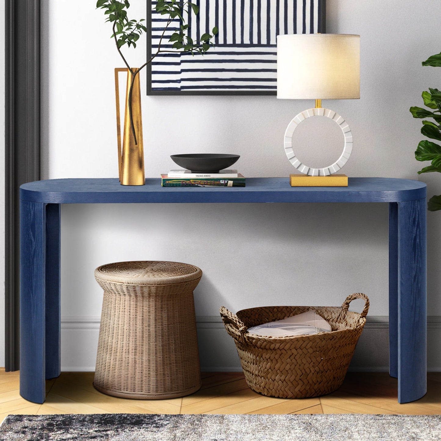 Clea Minimalist 60" Versatile Console Table, Entryway Table with Adjustable Curved Legs, Navy Blue