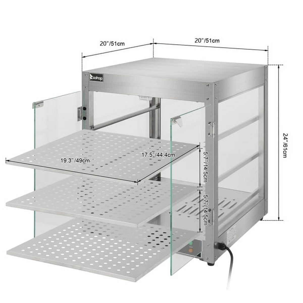 Commercial 3-Tier Food Warmer Cabinet - 800W Stainless Steel Display Case with Tempered Glass, Adjustable Thermostat (86-185°F) & Interior Light - For Pizza, Burgers, Bakery Items