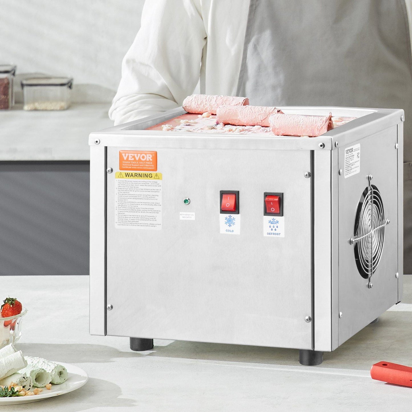 Commercial Ice Cream Roll Machine, 11"x9.5" Frozen Yogurt Maker with Compressor, 2 Scrapers - Homemade Stir-Fried Ice Cream
