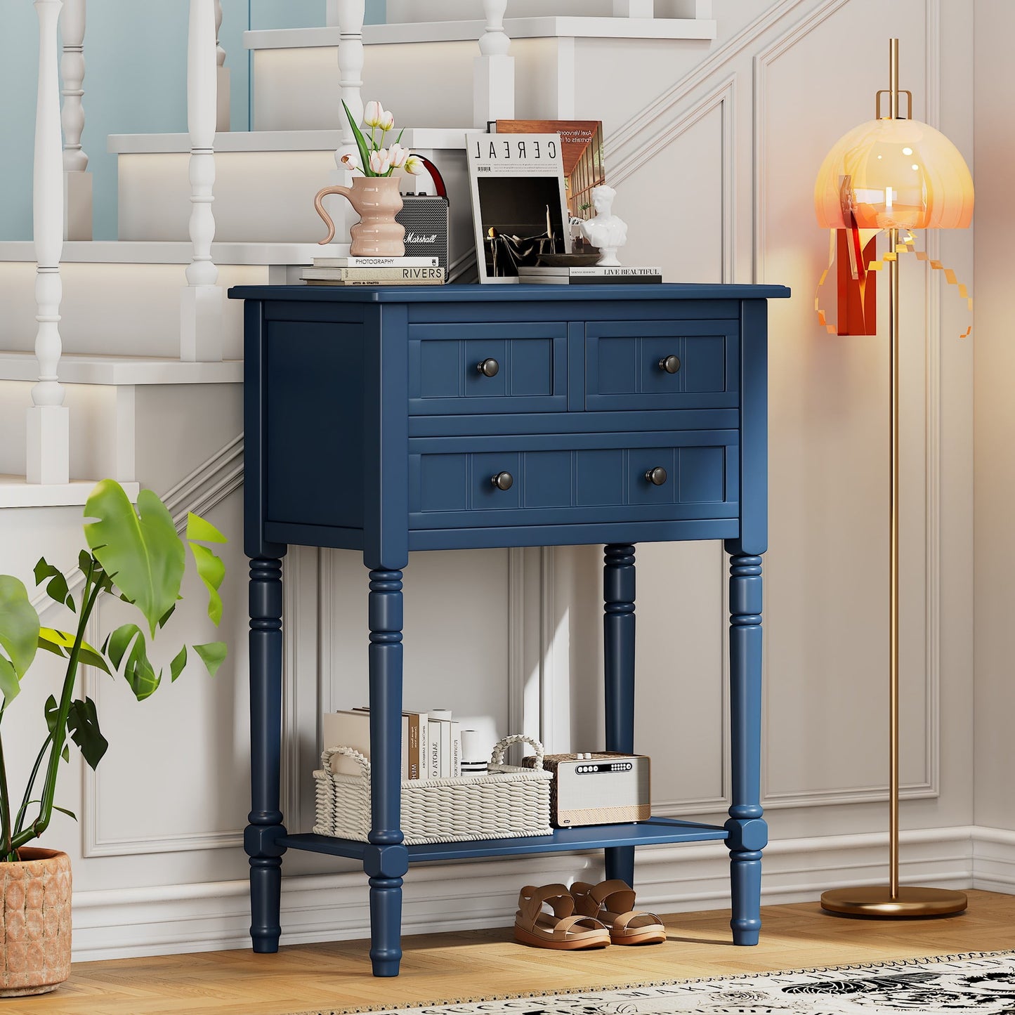 Console Table with 3 Drawers,Narrow Sofa Table with Storage Shelf,Entryway Table for Hallway,Living Room,Navy