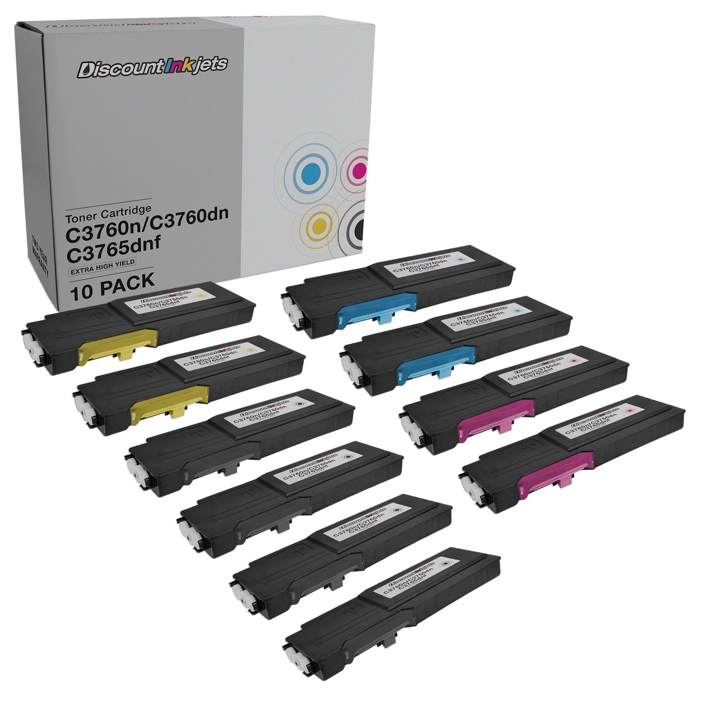 DI Toner Cartridges for Dell C3760 C3765 EHY (MultiColor 10-pack) Compatible with Dell Color Laser printers: C3760dn, C3760n, C3765dnf
