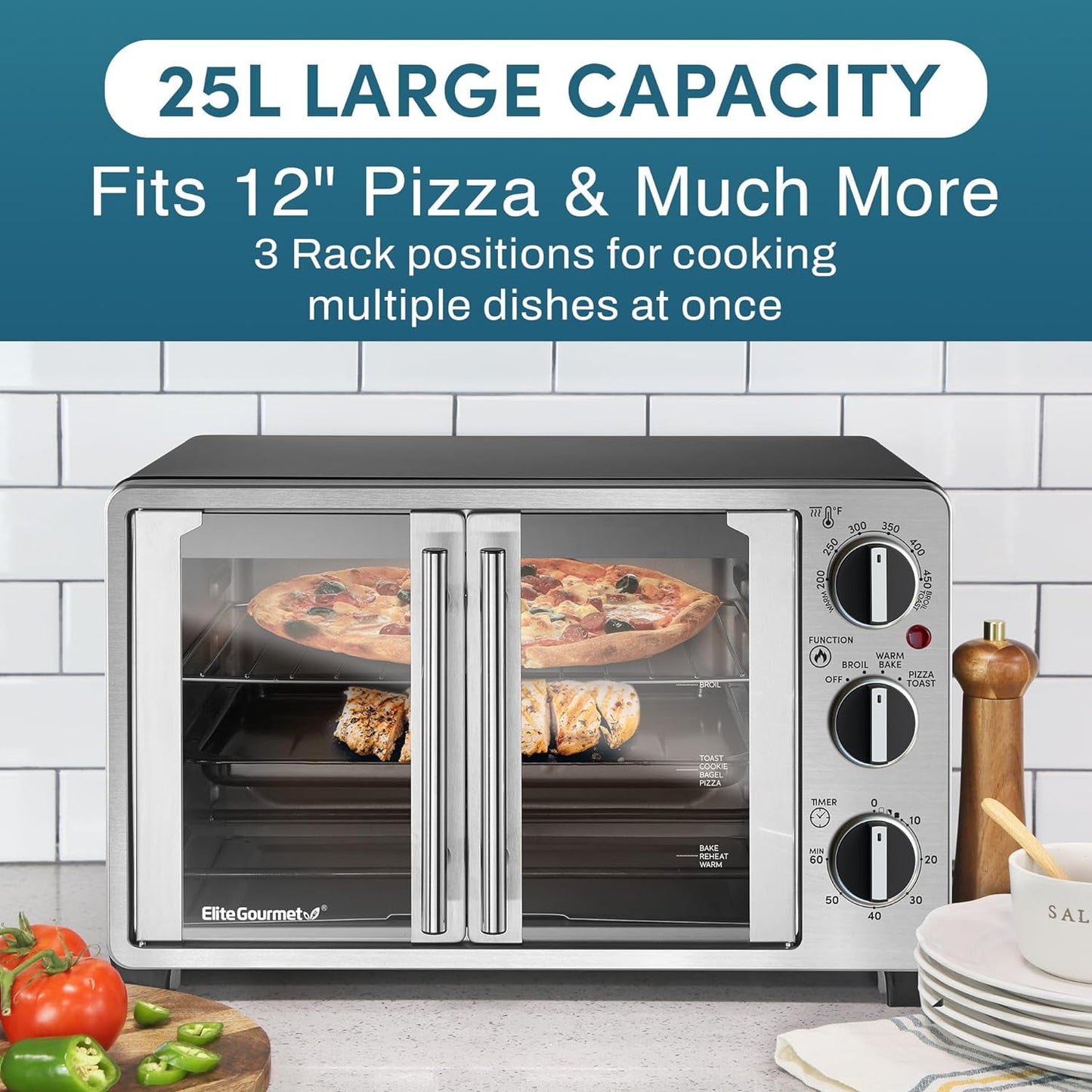 Double French Door Countertop Toaster Oven, 25L Capacity, Bake, Broil, Toast, Warm, Stainless Steel & Black