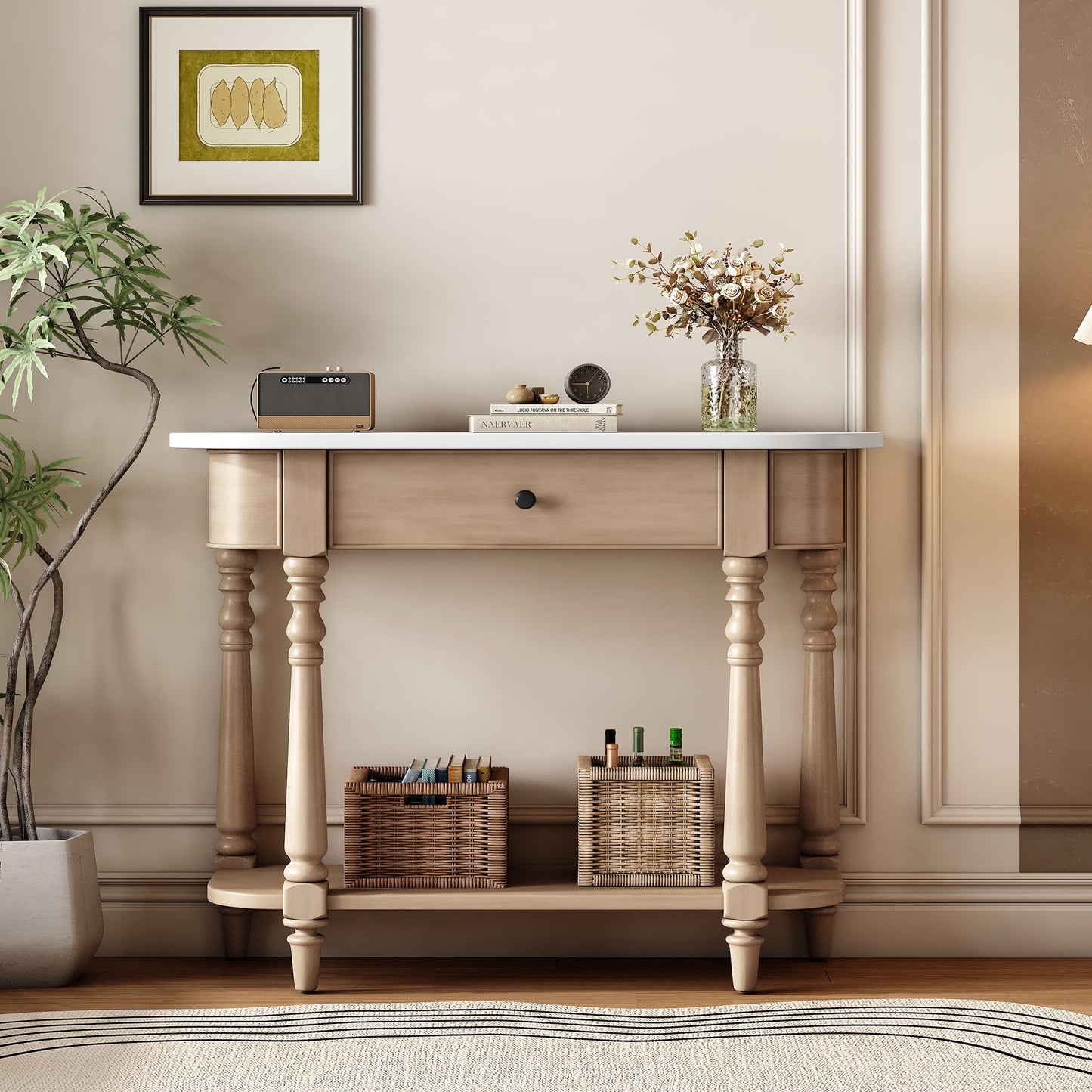 EUROCO 36" Retro Console Table with Drawer,Solid Wood Entryway Table Sofa Table with Open Storage Shelf and Corner-Curved Design for Entryway, Hallway and Living Room,Beige