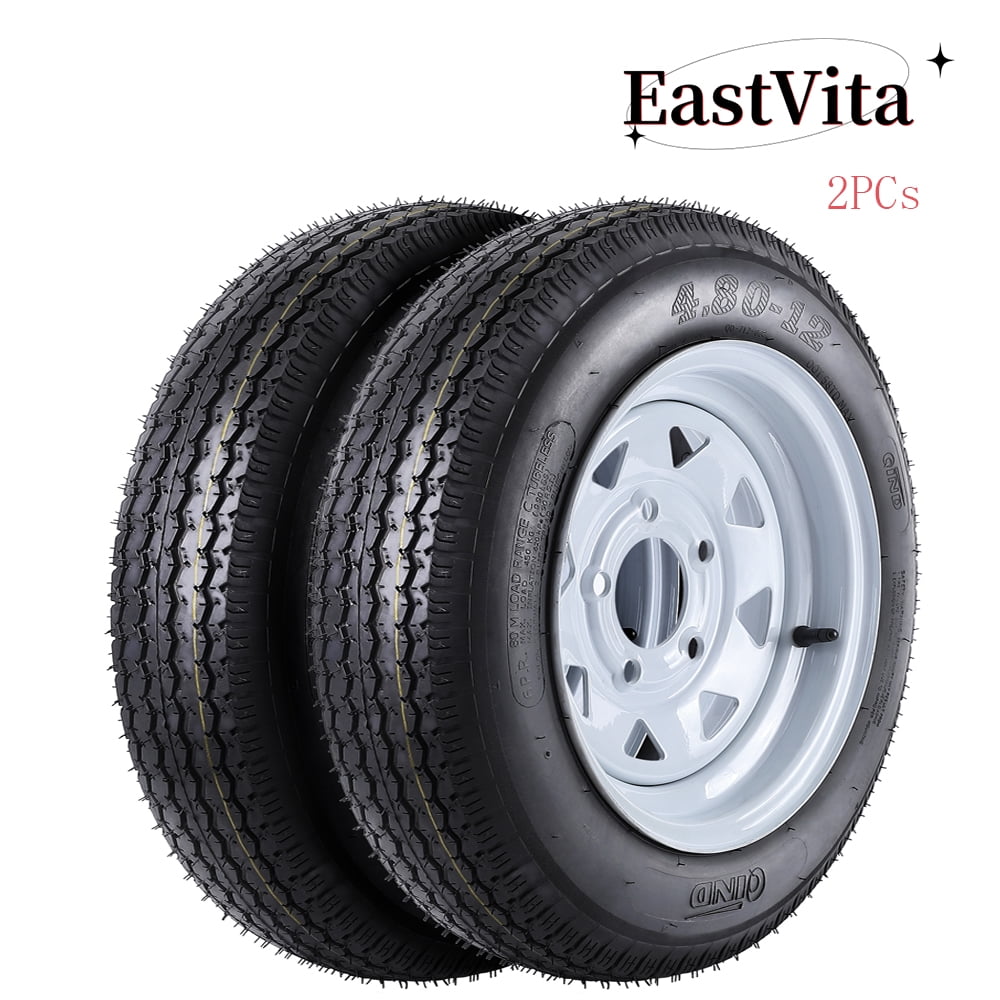 EastVita 4.8-12 Trailer Tires on Rims 4.80-12 6PR QD712/S 4.80 X 12 with 12" Rims 5 Lug on 4.5" Load Range C 6PR Set of 2 Wheel White Spoke