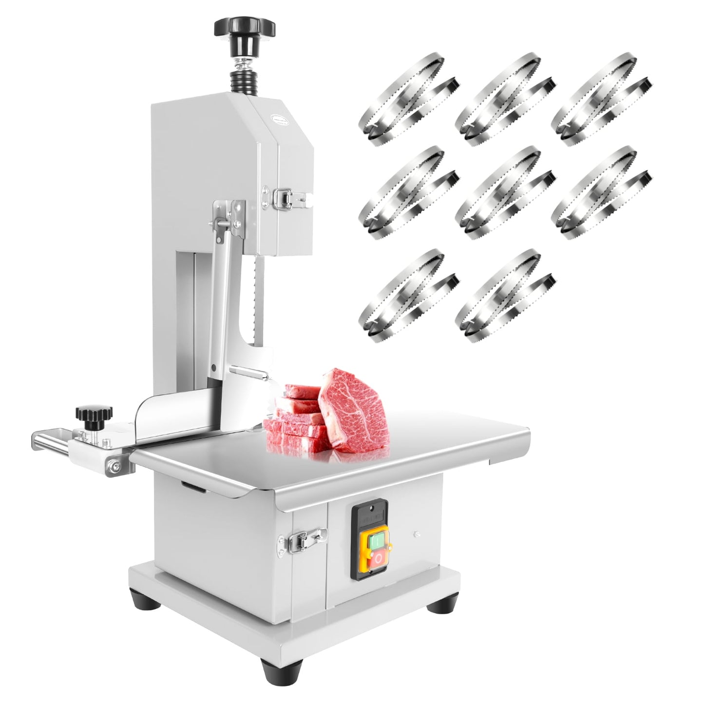 1500W Electric Bone Saw Machine, Stainless Steel Meat Bandsaw with 8 Saw Blades, Frozen Meat Cutter with 0.04"-8" Height & 19"x14" Workbench, Meat Cutting Machine for Beef, Chicken