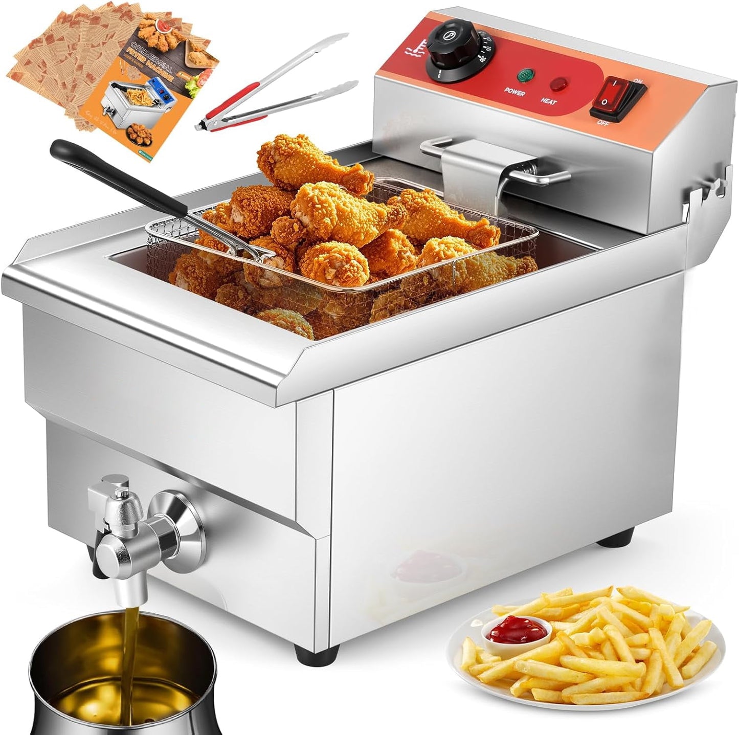 Electric Deep Fryer 13L 13.7QT Commercial Countertop Frying Machine with Basket Stainless Steel for Restaurant Home 1500W 110V