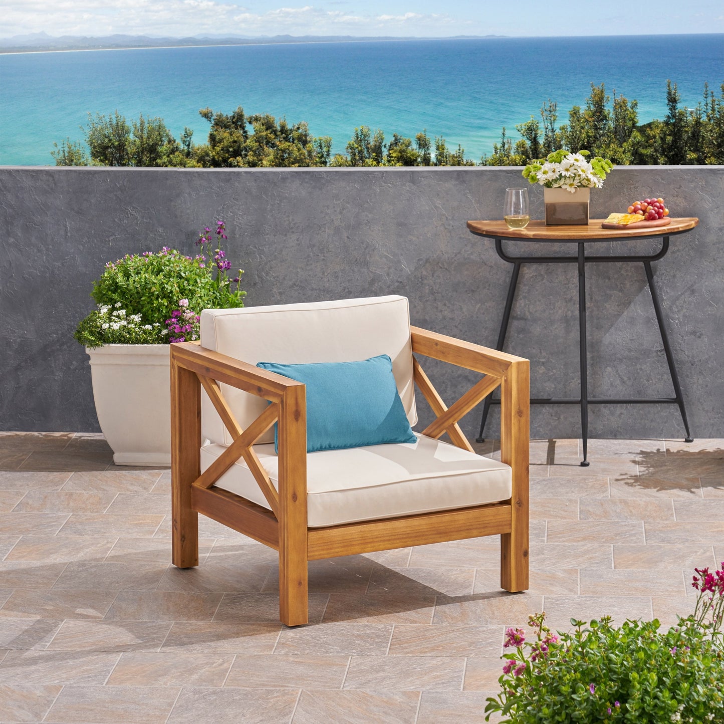 Elisha Outdoor Acacia Wood Club Chair with Cushion, Teak and Beige
