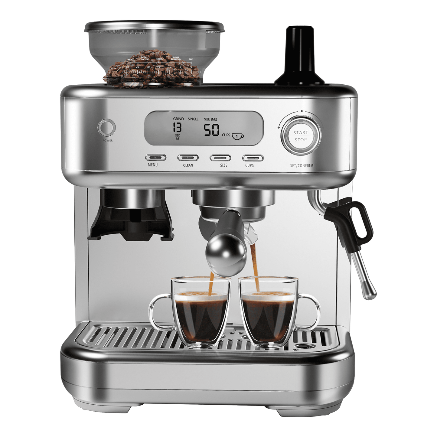 Espresso Machine with Grinder - 15 Bar Professional Cappuccino and Latte Maker with Powerful Milk Frother for Home Barista,LCD Display,Single & Double Cup Stainless Steel Coffee Maker