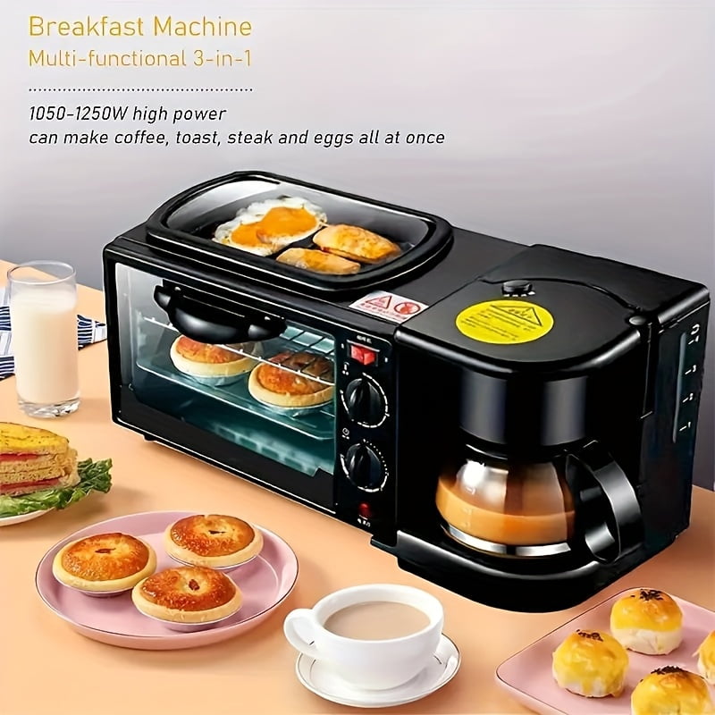 "Fanruina 3-in-1 Electric Breakfast Station: 1250W Portable Oven w/Coffee Maker, Non-Stick Sandwich, Omelette, Bacon Sausage Maker, 2.51gal Bread Oven, 110V/220V US Plug