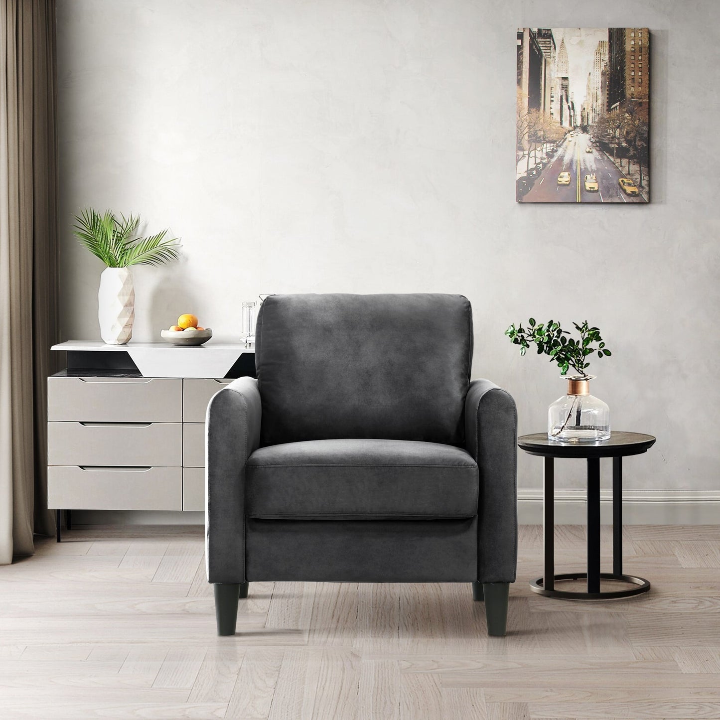 Home Design Airell Velvet Arm Chair with Plush Armrests and Sleek Black Legs, Modern Upholstered Design for Living Room, Dark Gray