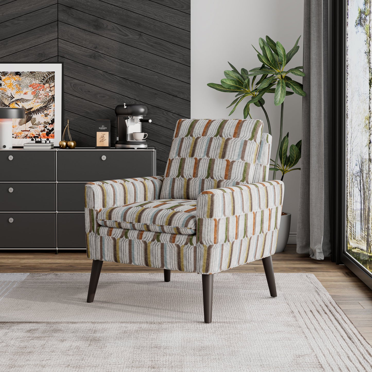 Homesvale Allyson Mid-Century Modern Small Space Armchair, Brown, Green and Blue Stripe Polyester