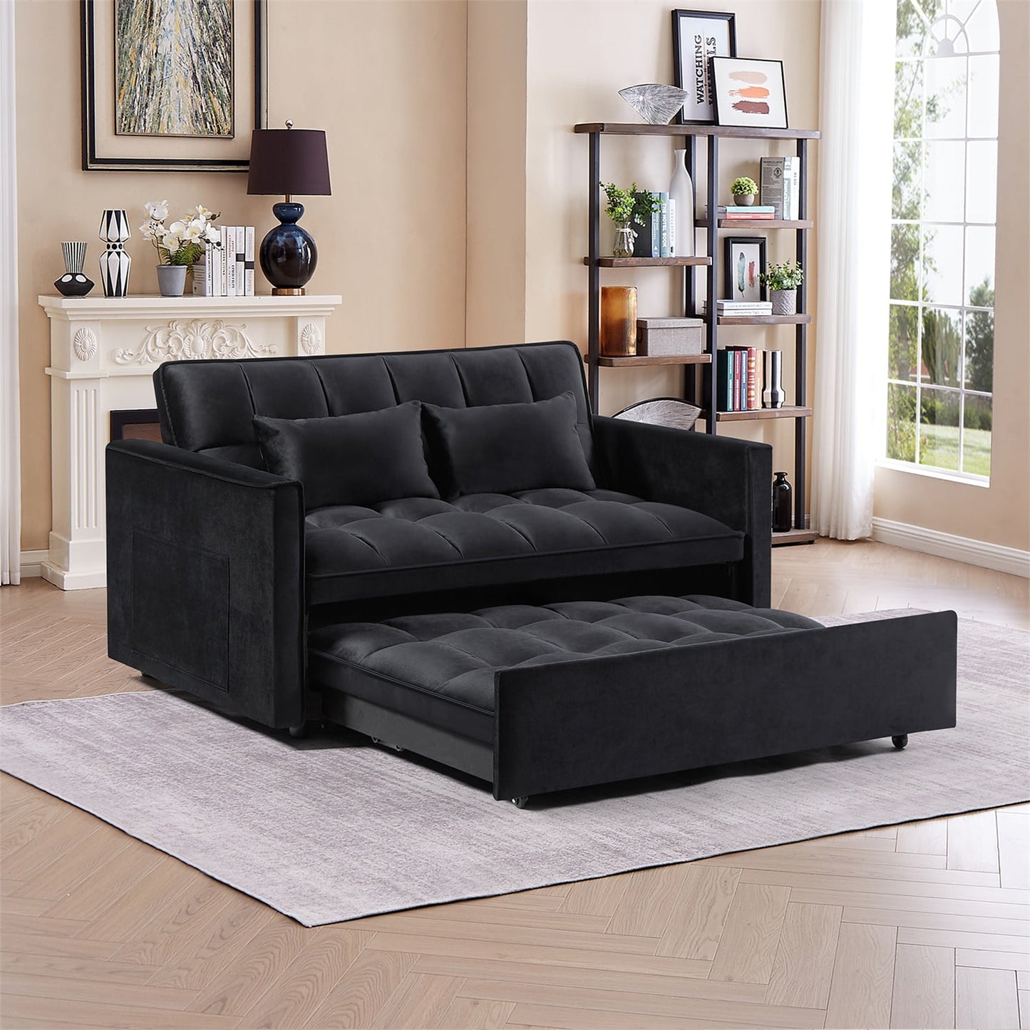 Hommoo 3 in 1 Convertible Pull Out Sofa Bed, Loveseat Sleeper Sofa, Black