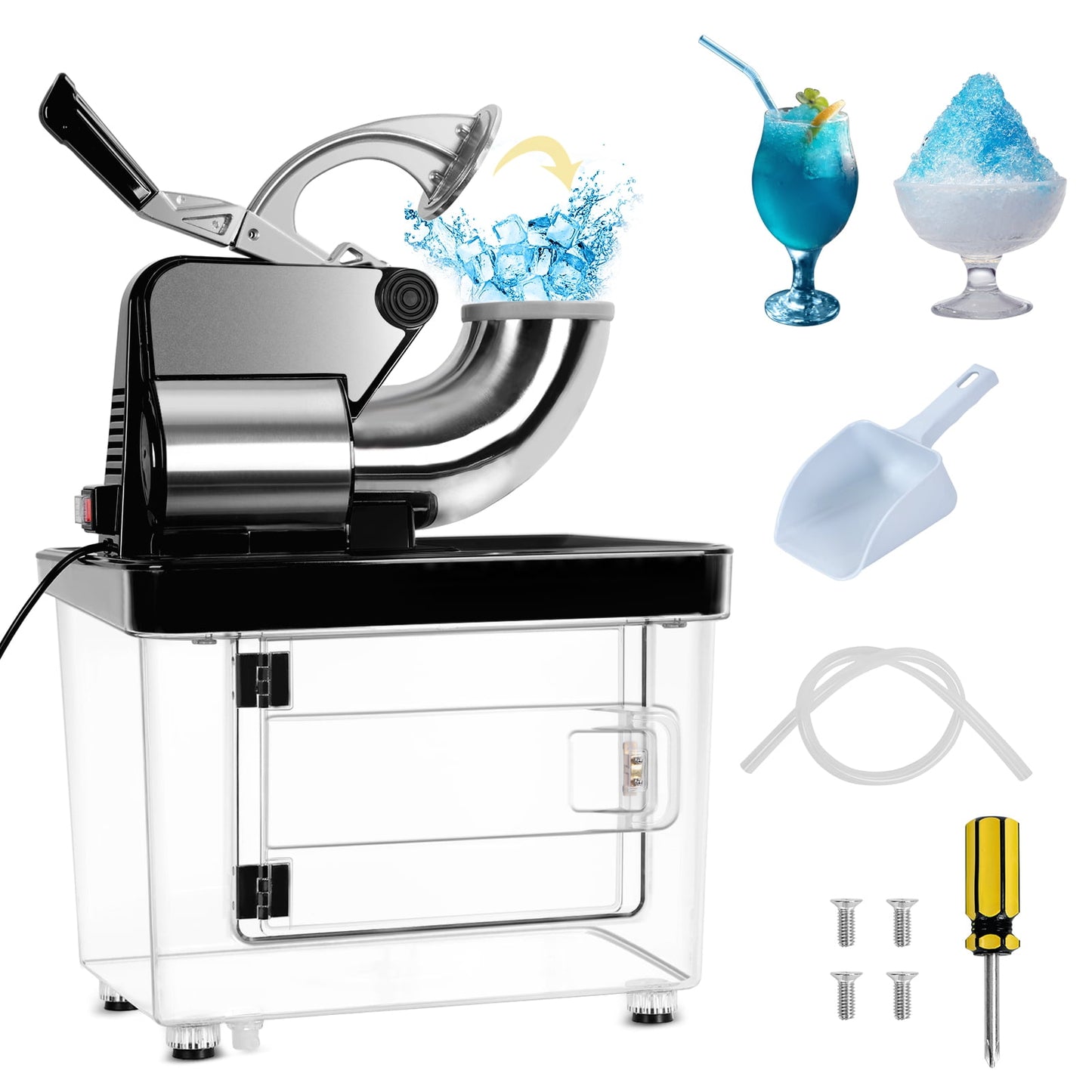 Ice Crusher, 110V Commercial Ice Crusher 300kgs/h, 350W Electric Snow Cone Machine with Dual Blades, Stainless Steel Shaved Ice Machine for Family, Restaurants, Bars (US Plug)-1 Set