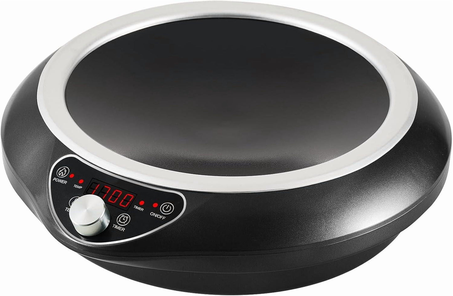 Induction Wok Cooktop, Induction Burner & Carbon Steel Wok with Lid, Rack, 16 Levels Power & Temprature Control, 18 Hours Timer, Auto-off Electric Wok 1700W (Black 110V~120V)