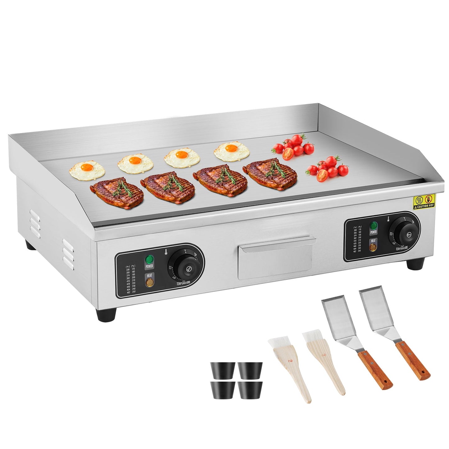 KFFKFF 26" Commercial Electric Griddle 2800W, Adjustable Temperature from 122? to 572?, Stainless Steel Flat Top Grill, 25.98" x 15.75" x 0.39", Includes 2 Shovels and 2 Brushes