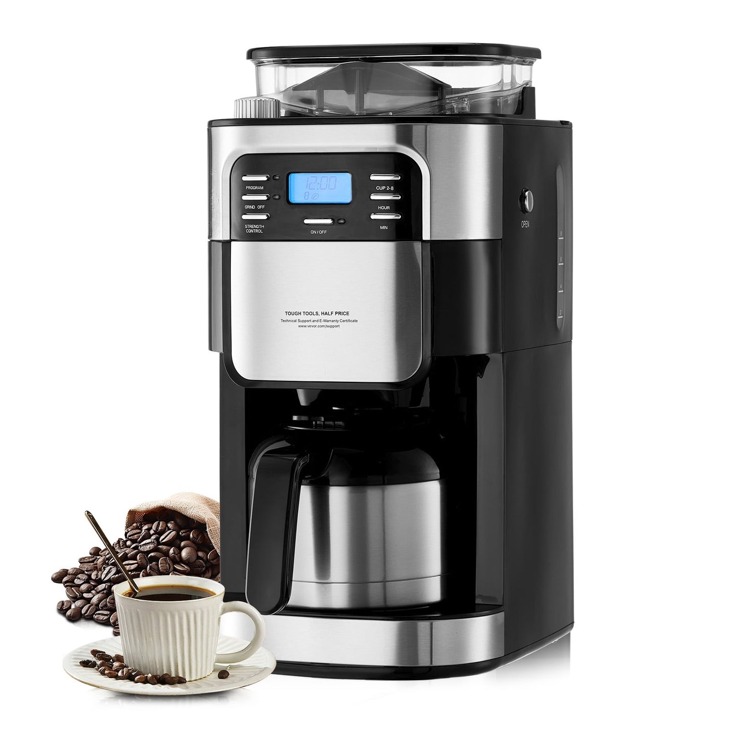 KFFKFF 8 Cup Coffee Maker with Grinder Grind and Brew Coffee Maker with 3 Brew Strength Control 24-Hour Timer for Auto Brew