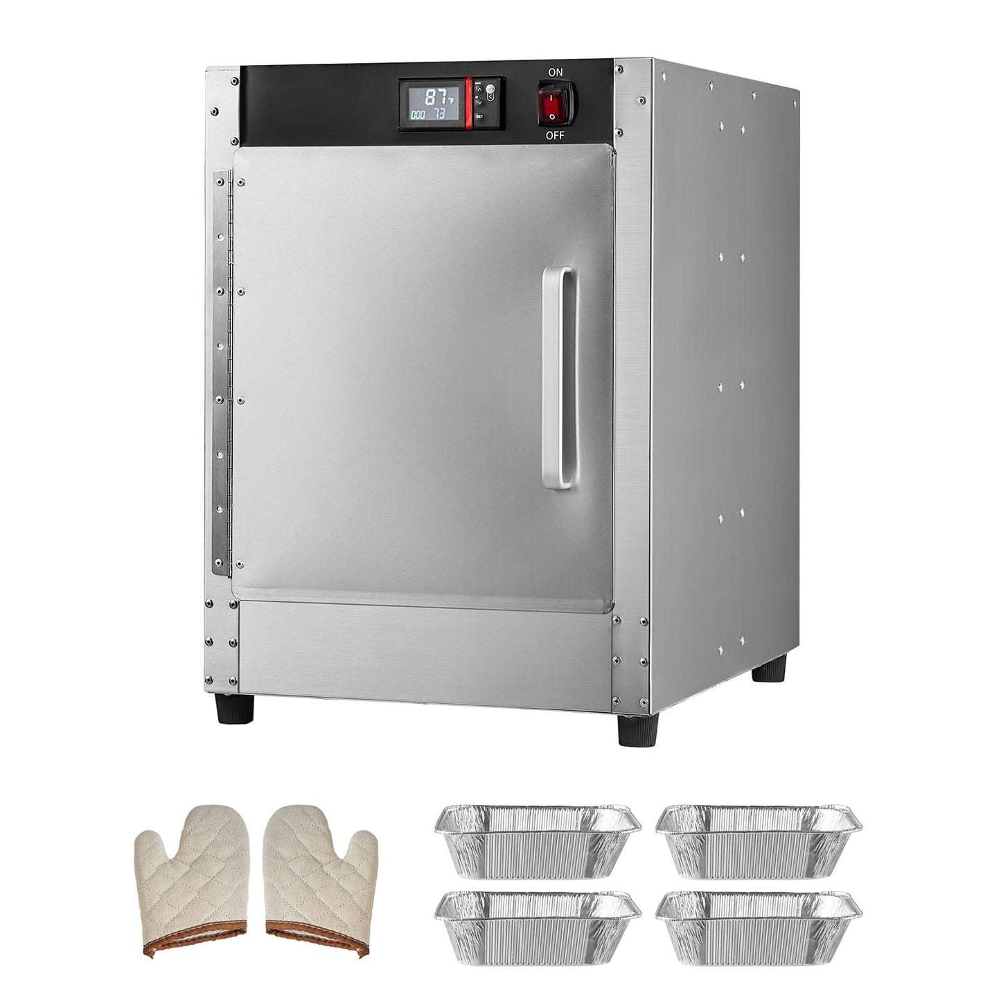 KFFKFF Food Heating Unit, Quadruple Layered Snack Warmer with Hydration Tray, 4 Containers, Single-Door and Modifiable Racks, Stainless Steel Food Heating Cabinet, Perfect for Holding Pizza, Chicken