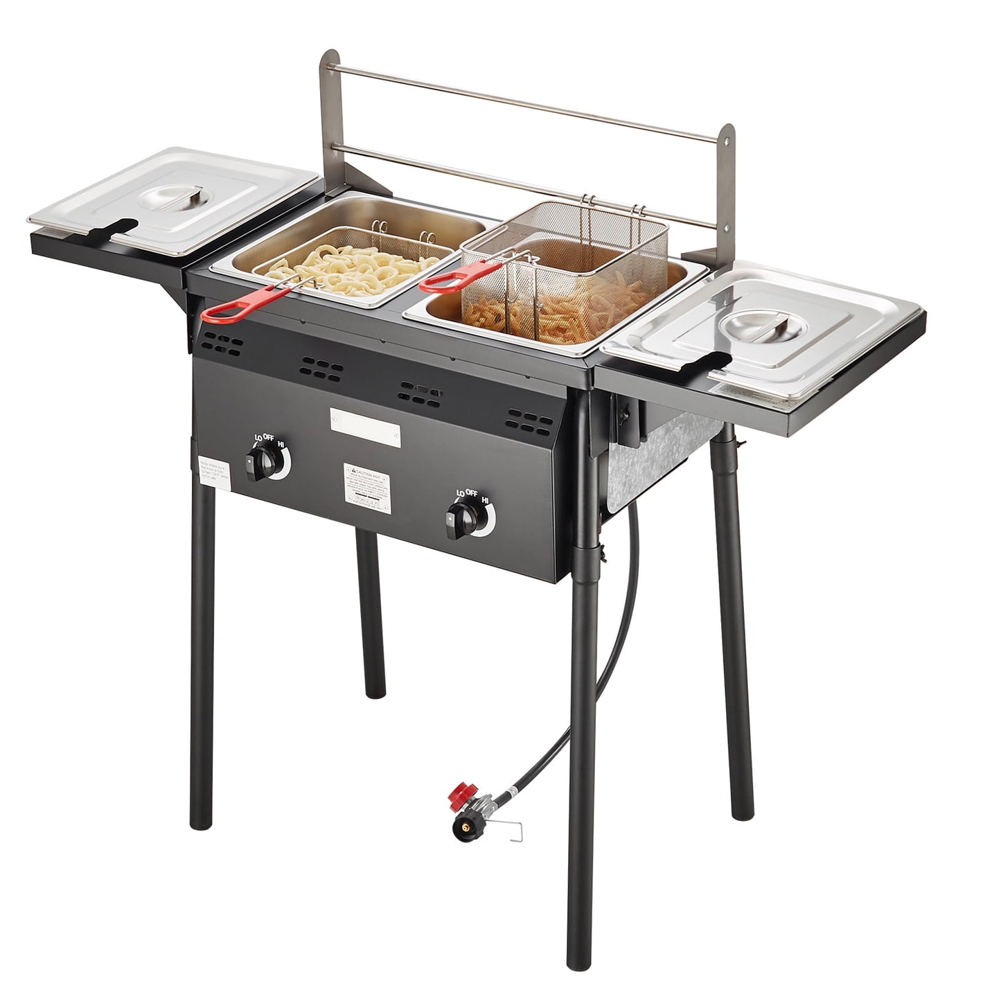 KFFKFF Propane Deep Fryer for Outdoors, Dual Burner Commercial Grade, 16 Qt Stainless Cooker with Detachable Baskets, Lids, Tanks, Oil Fry Cart with Thermometer & Regulator for Outdoor Culinary