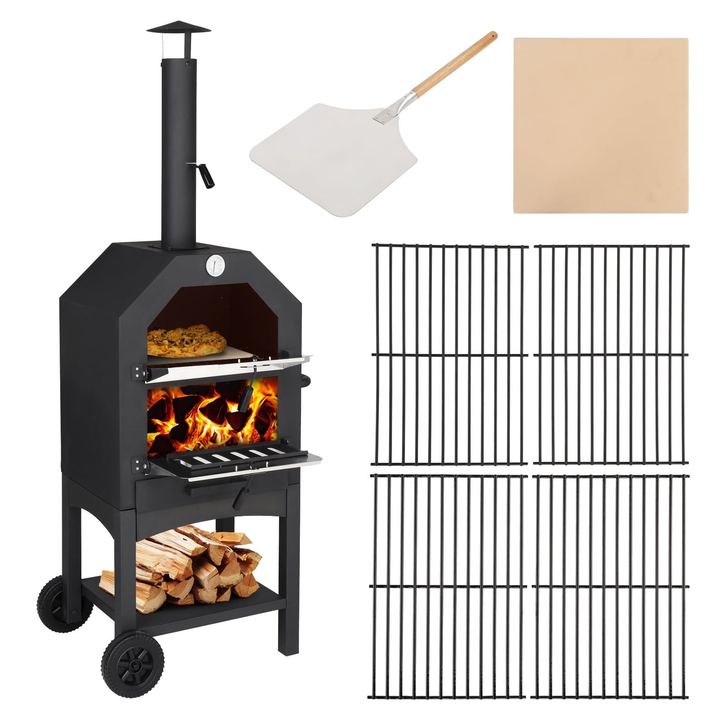 Ktaxon Outdoor Pizza Oven 14 Inch Wood Fired Pizza Oven Patio Pizza Maker w/ Pizza Stone, Pizza Peel, Grill Rack
