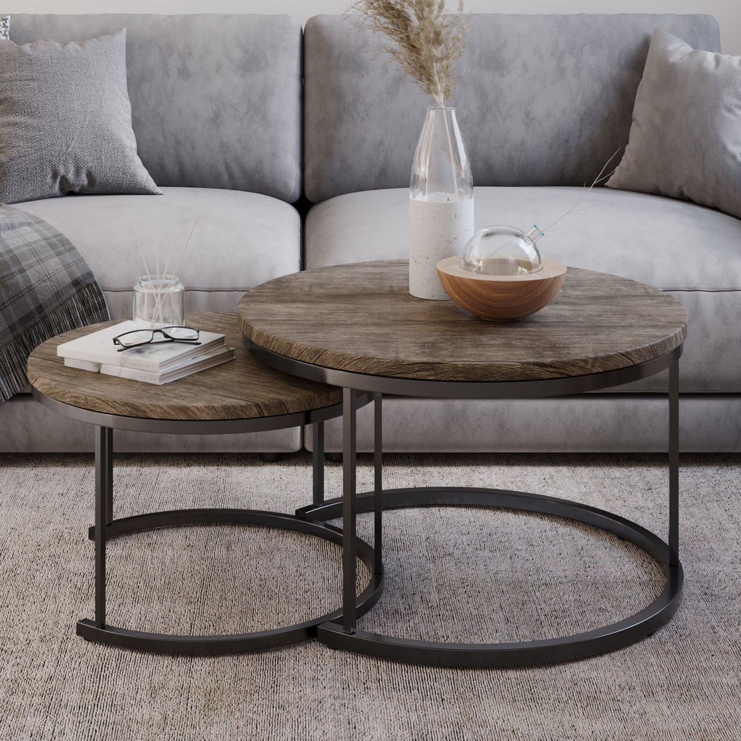 Lavish Home 2-Piece Round Coffee Table Set - Nesting Tables for Living Room, Side Tables to Use Together or Separately,Gray-Brown