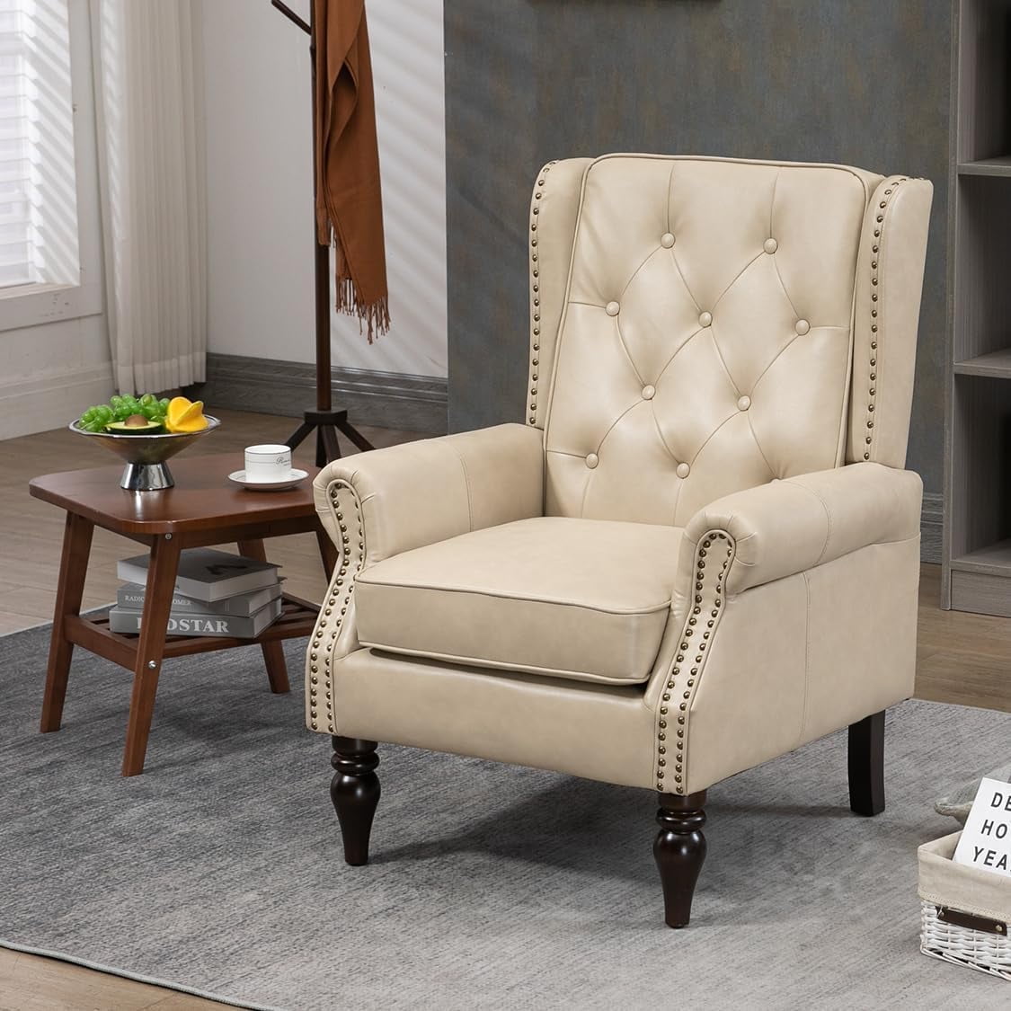 MOONMISS Mid Century Chair PU Leather Accent Armchair Tufted Button Back Rivet Trim Ergonomic Design Modern Living Room Bedroom Home Office Seating Furniture