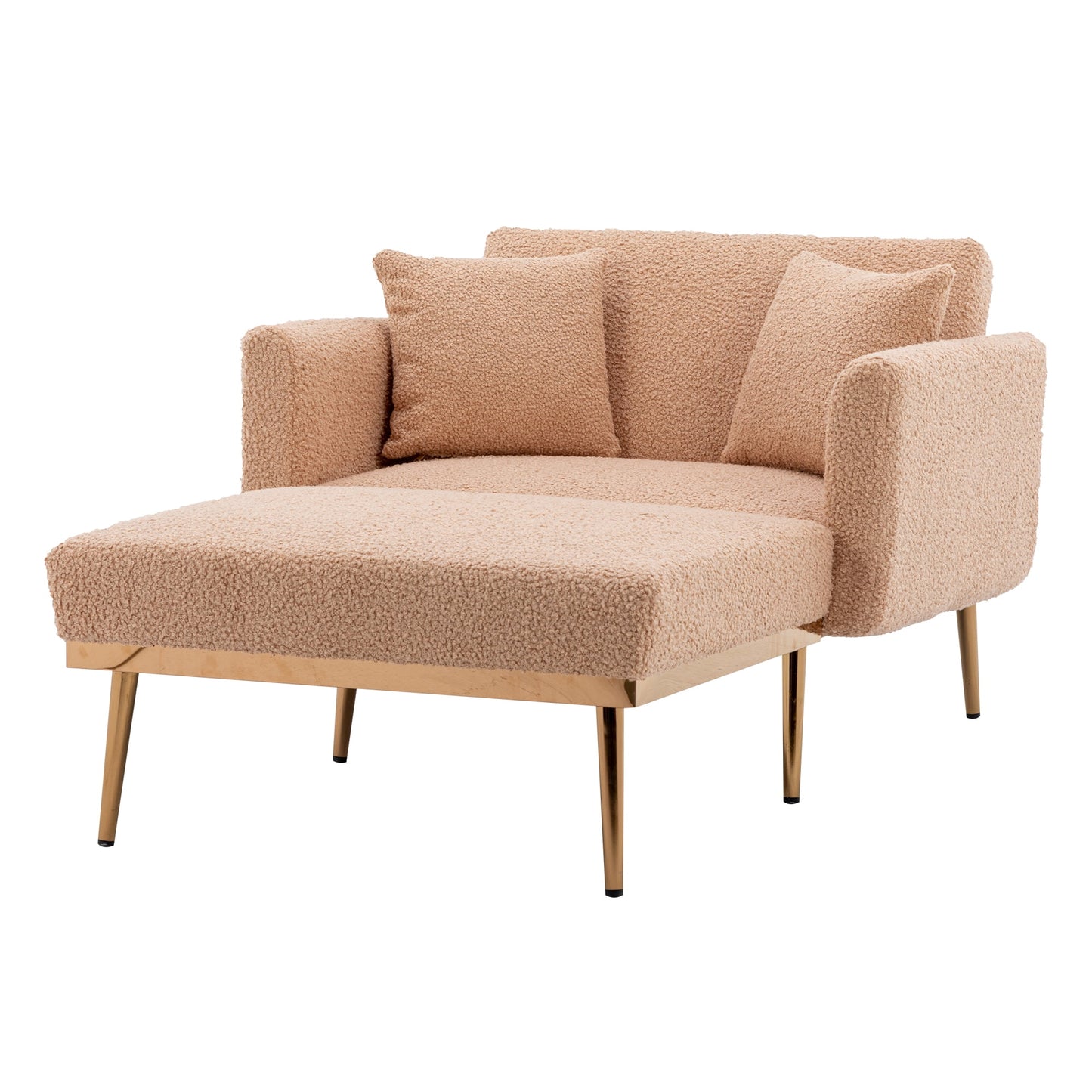 MOONMISS Teddy Fabric Upholstered Tufted Chaise Lounge Sleeper Sofa Chair with Rose Golden Feet-Camel