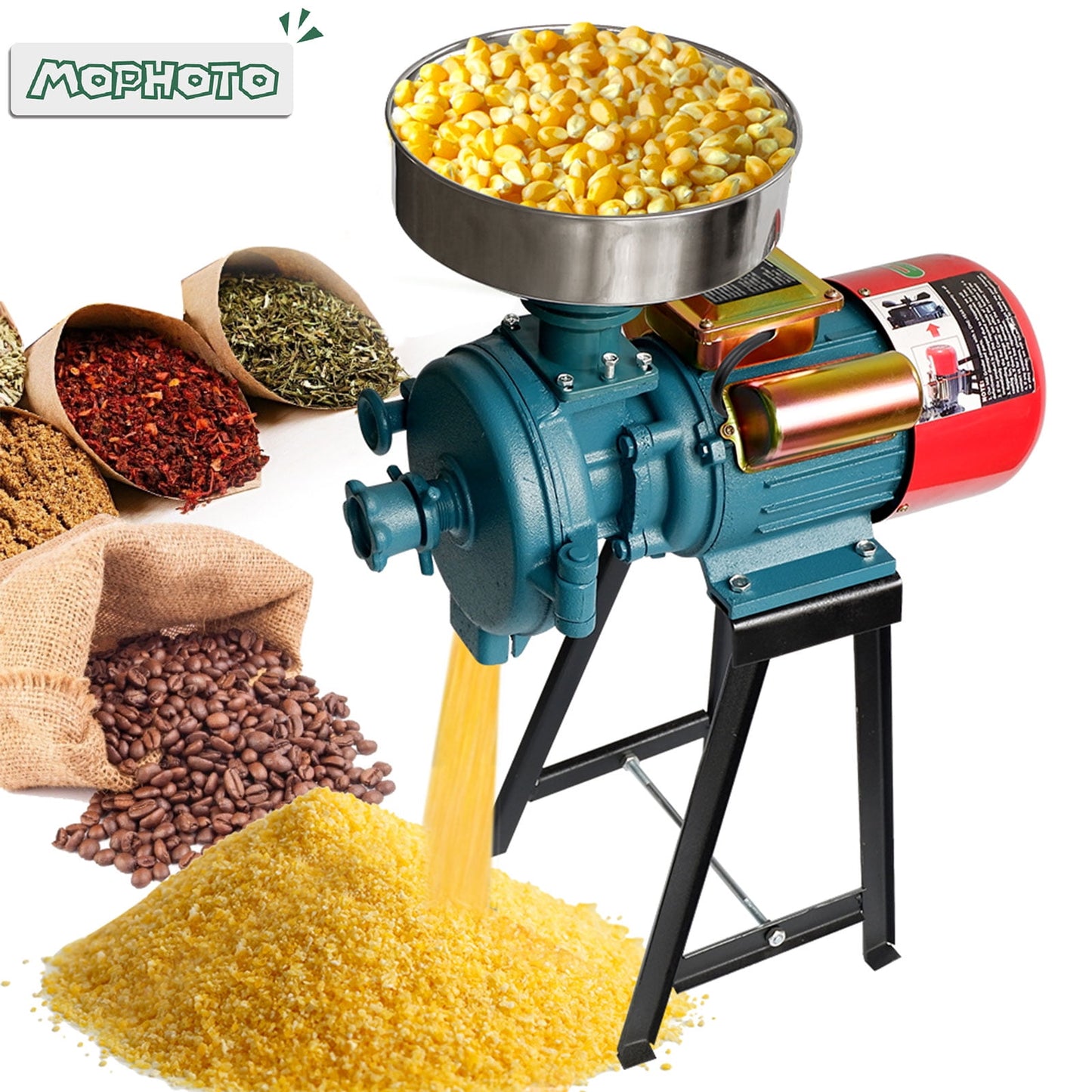 MOPHOTO Electric Grain Grinder Dry Wet Grinder, 110V Grain Grinder Mill 3000W, Wheat Grinder Feed Mill Flour Mill Cereals Grinder Rice Mill with Funnel