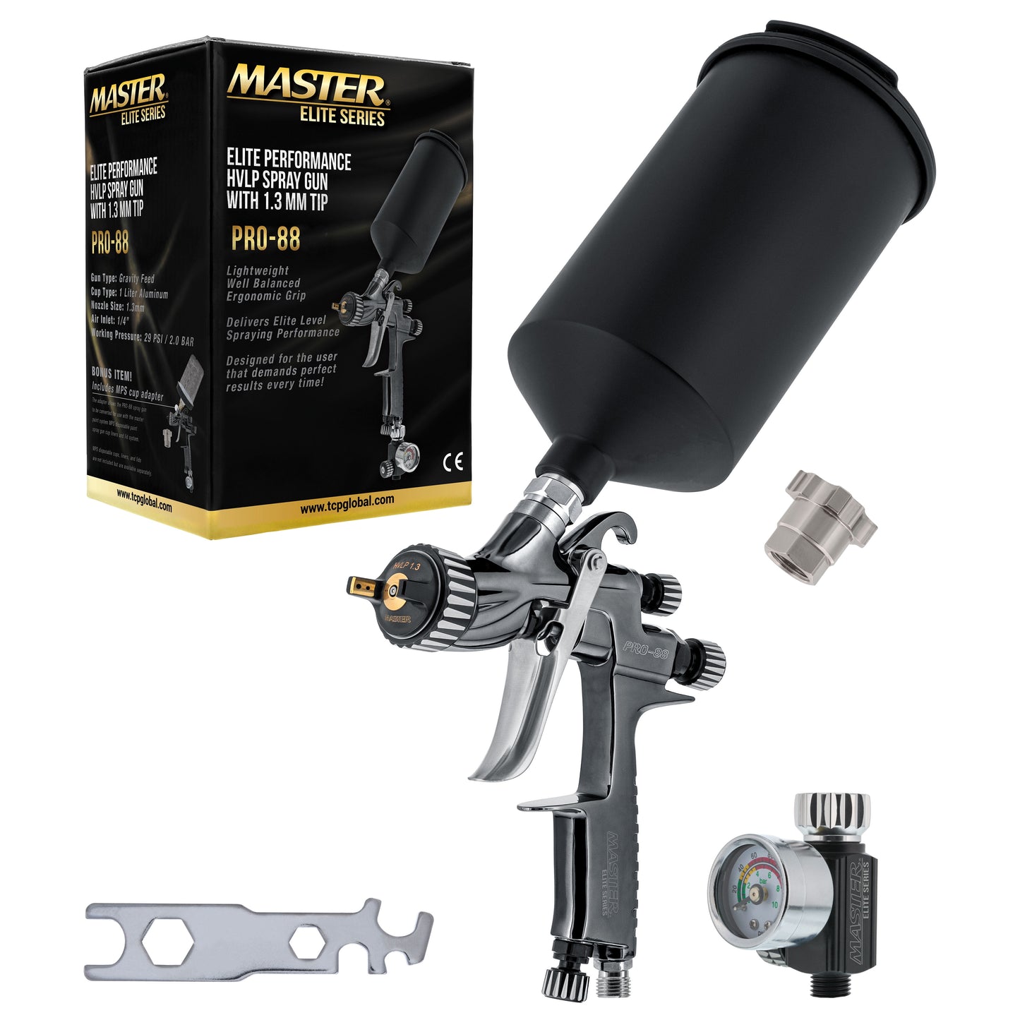 Master Elite Series PRO-88 Performance HVLP Spray Gun with 1.3mm Tip with Air Pressure Regulator Gauge, MPS Cup Adapter - Ideal for Automotive Basecoats, Clearcoats - Advanced Atomization Technology