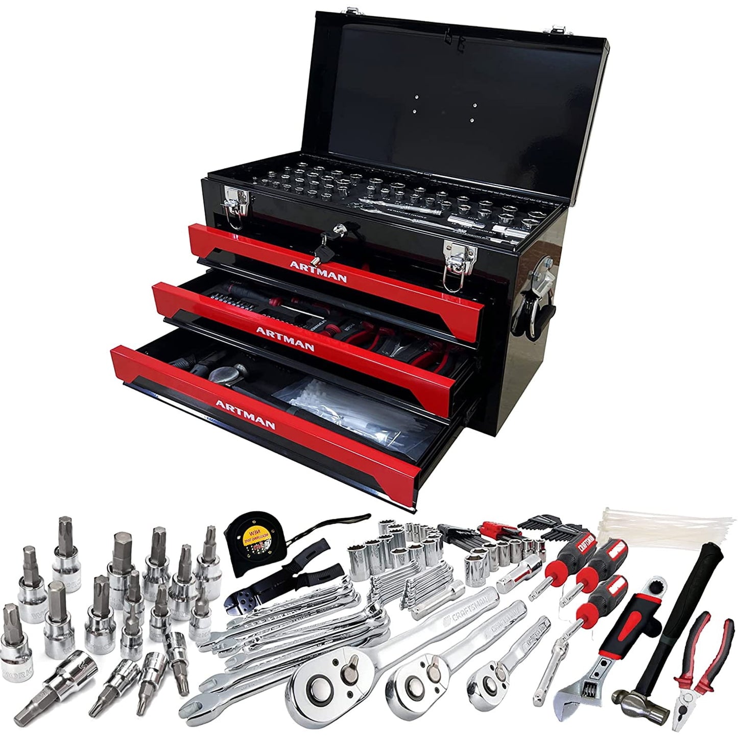 Miniyam Tool Set, 3-Drawer Heavy Duty Tool Kits Box with Handlefor Adults Mechanics Workshop Maintenance and Repair Projects, Black