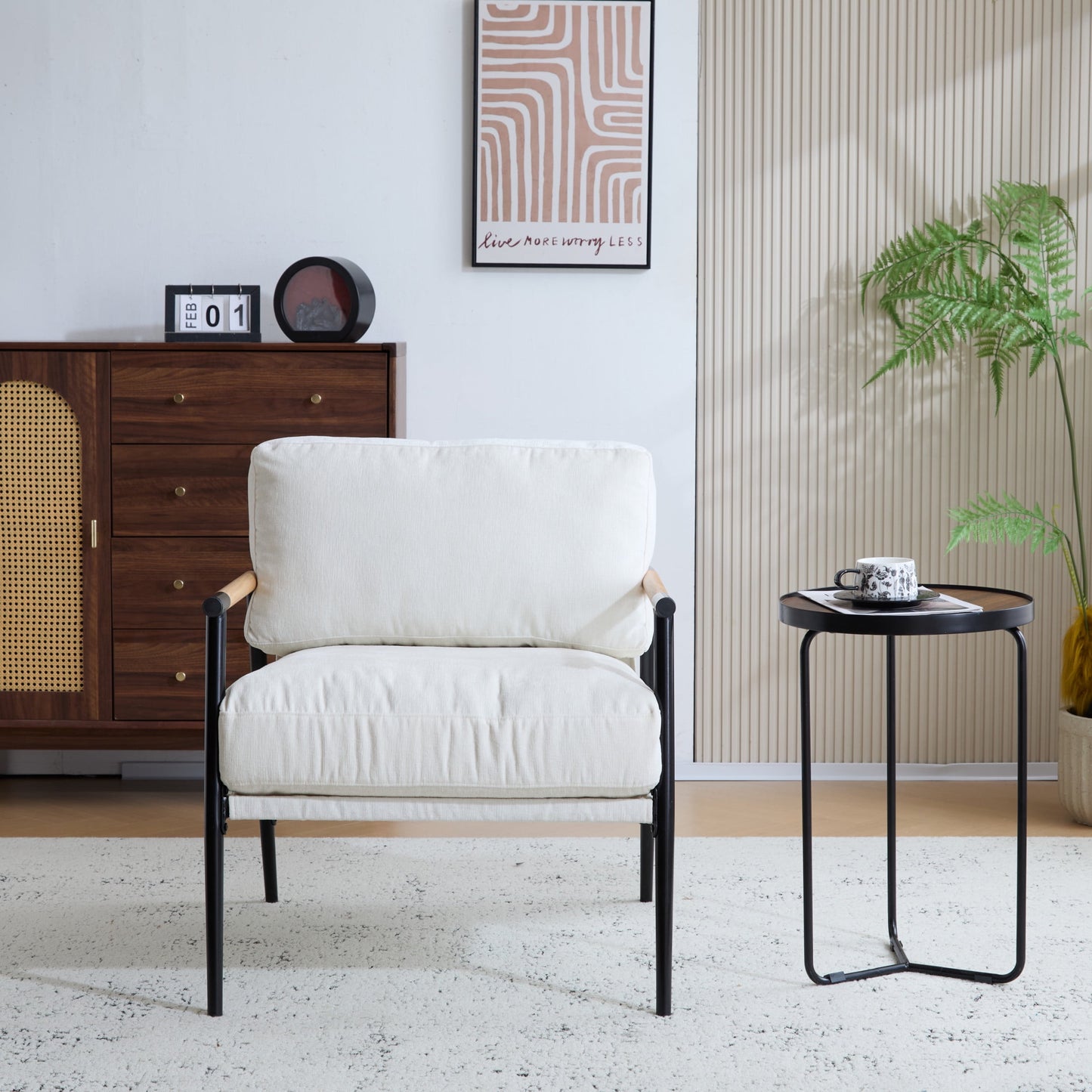 Modern Armchair with Metal Frame & Natural Wood Armrests, Plush Cushions, White+Black