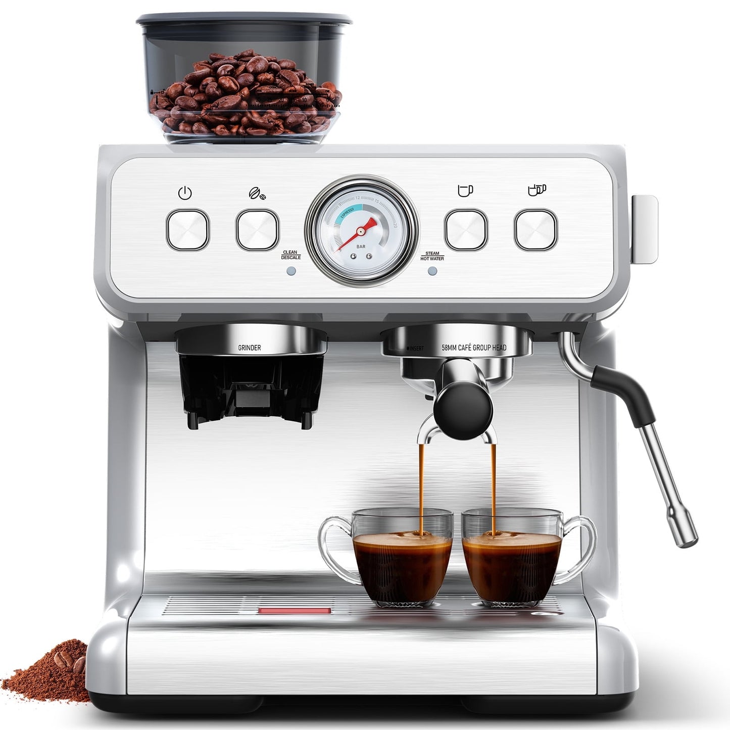 Moifoi Espresso Machine with Grinder and Milk Frother Steam Wand, 15 Bar Pump & 95 Ounce Water Reservoir, Professional Coffee Machine, New, Stainless Steel
