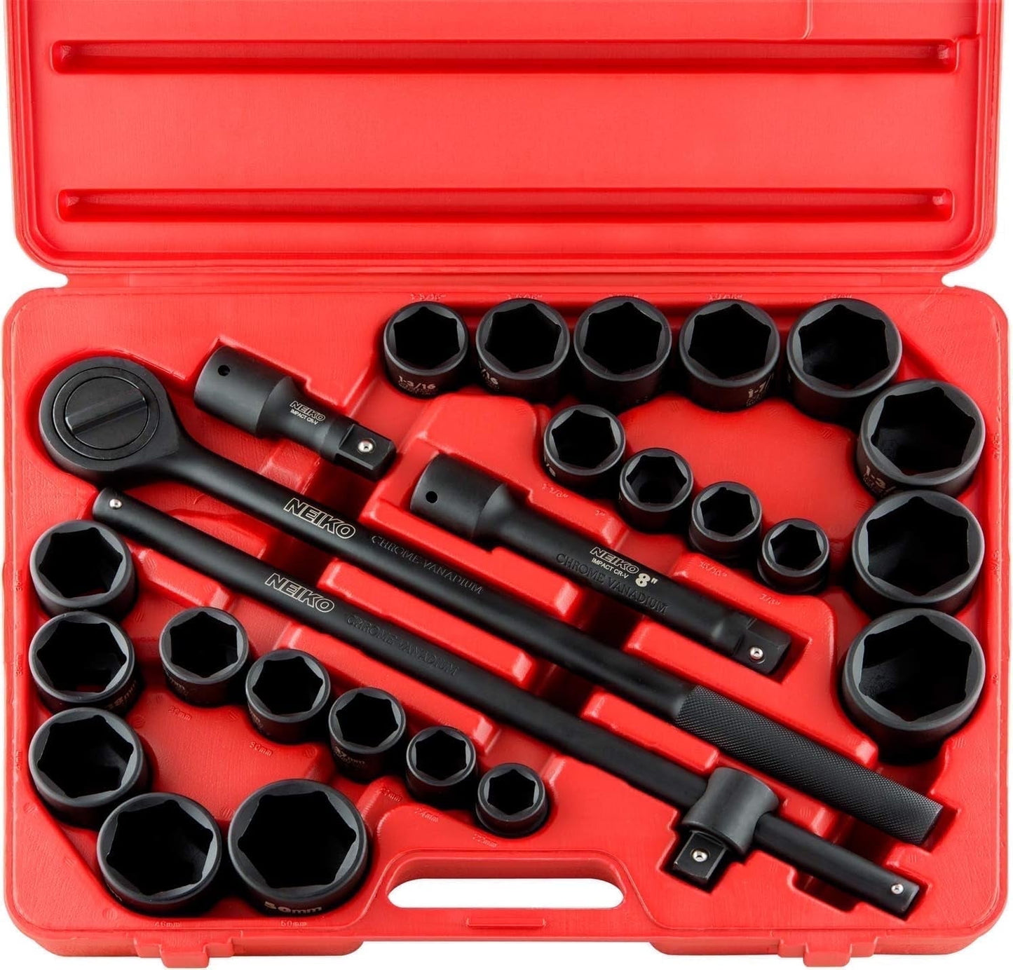 NEIKO 02499A 3/4-inch-Drive Jumbo Master Impact Socket Set, SAE and Metric Shallow-Sockets, SAE 7/8" to 2" and Metric 26 to 38 mm, 27 Pieces