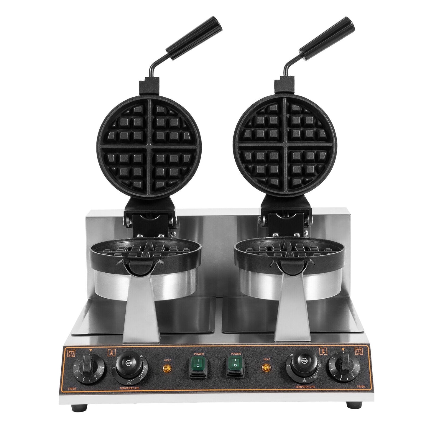 Non-Stick Waffle Maker, 180° Rotable Round Waffle Iron,Waffle Baker Machine with Time and Temperature Control, Dual-head Waffle Maker, 201 Stainless Steel, 110V 2400W