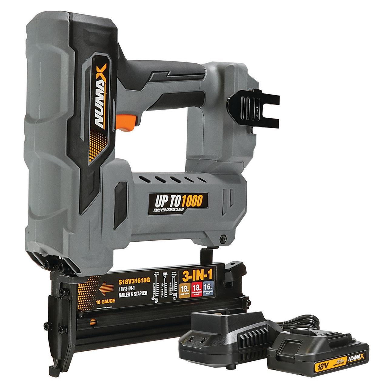 NuMax S18V31618G 18 Volt Cordless 3-in-1 16 and 18 Gauge 2" Finish Nailer / Stapler Kit with Lithium Ion Battery, Charger and Fasteners – 1000 Shots per Charge