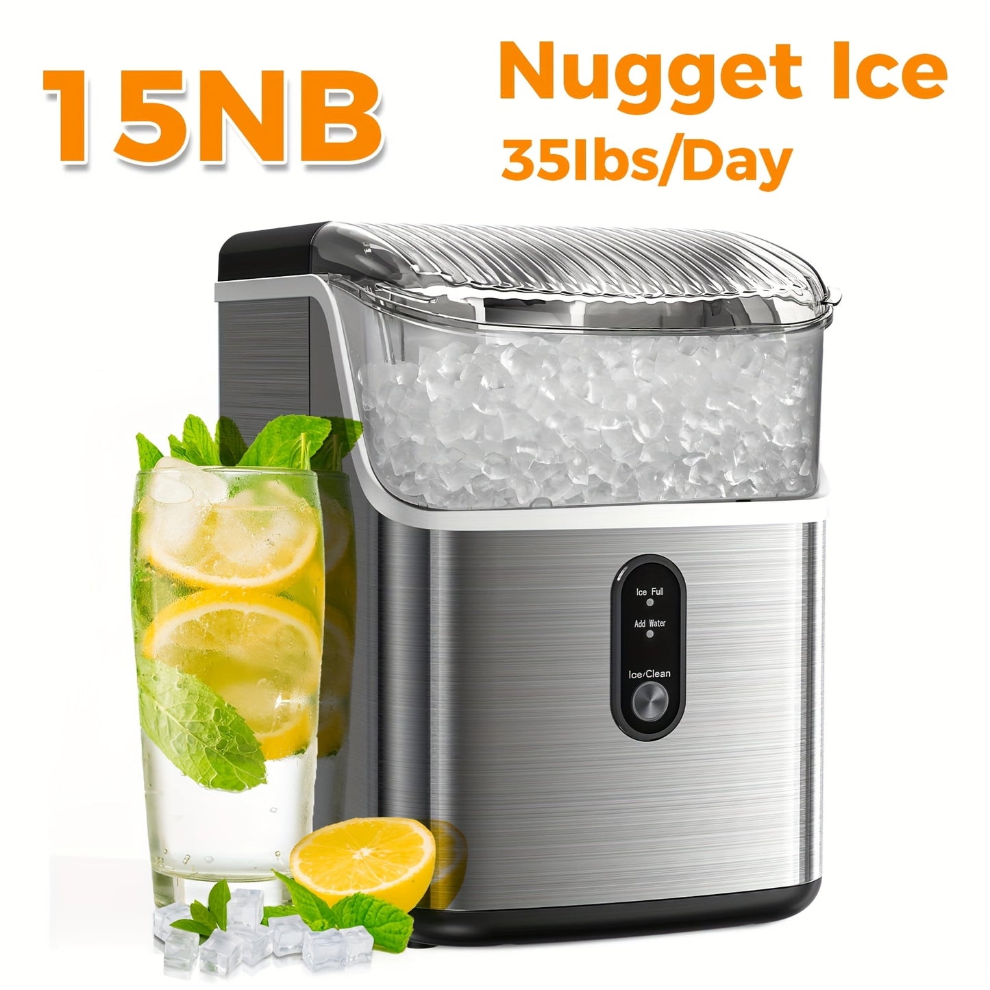 Nugget Countertop Ice Maker - Soft Chew Pellet Ice (44 lbs/24hrs) or Bullet Ice (26 lbs/24hrs), Self-Cleaning, Sonic Ice, One Touch Operation - Portable Stainless Steel for Home, Kitchen, Office
