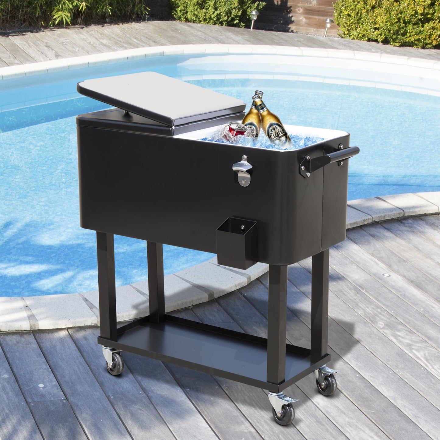 Outsunny 80 QT Rolling Cooling Bins Ice Chest on Wheels Outdoor Stand Up Drink Cooler Cart for Party, Red