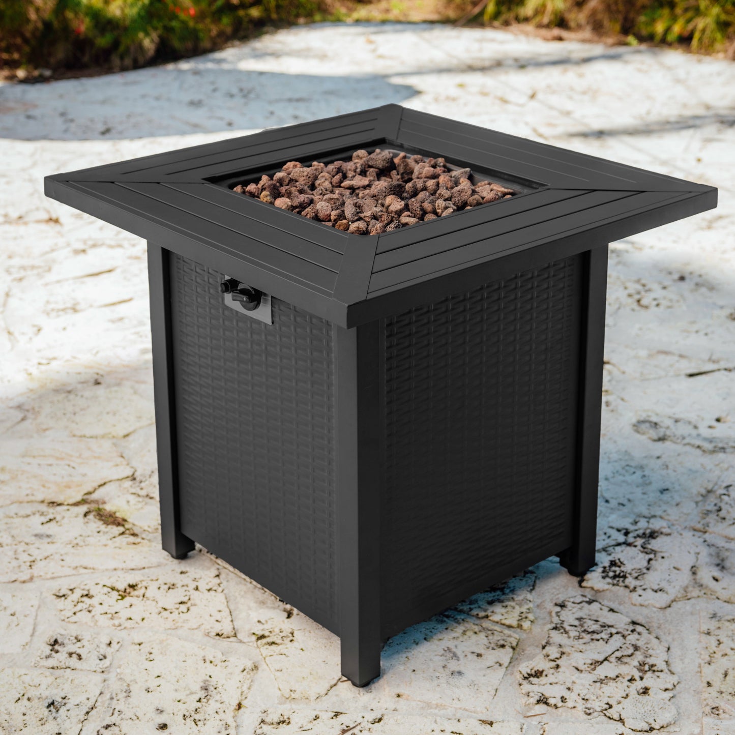 Phoneix 28” Propane Fire Pit Table for Outside with Lava Rocks, Weatherproof Protective Cover and Electronic Ignition, Black