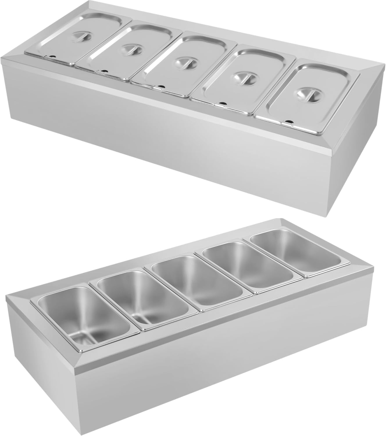 Pizza Topping Station with 5 Pans & Lids, Stainless Steel Condiment Prep Station Food Container Pans, (Country Rustic)