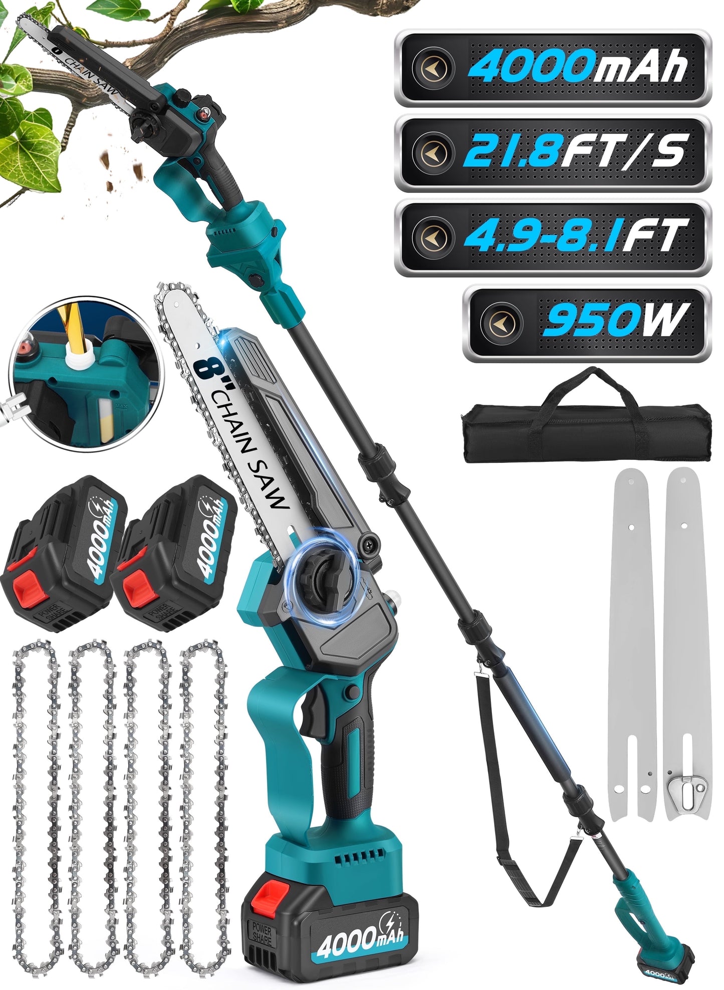 RELOIVE 2-in-1 Brushless Pole Saw & 8" Chainsaw, 21V 4000mAh 14.1ft Cordless for Tree Trimming/Wood Cutting