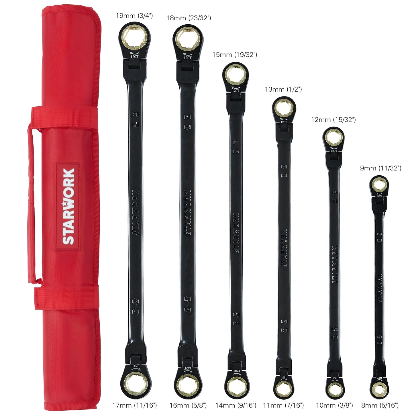 STARWORK TRUE MECHANIC™ 6-Piece 120T SAE&Metric, Flex-Head Double Box End, Extra Long Ratcheting Wrench Set, With Roll-Up Pouch Bag