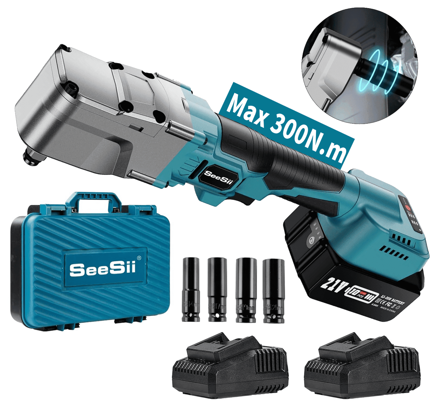 Seesii 1/2'' Cordless Right Angle Impact Wrench 220ft-lbs, 2 Speed Adjustable 3200RPM, 2x 4.0Ah Batteries, 4 Sockets(15/17/19/21mm), Compact Size for Tight Space Lightduty Work, WHA300