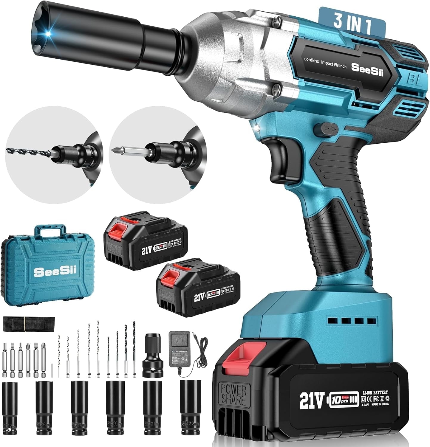Seesii 650Nm Cordless Impact Wrench 1/2 inch, 480Ft-lbs Impact Gun Screwdriver, 3300RPM Powered Impact Driver w/ 2x 4.0Ah Batteries, 6 Sockets, 8 Drills & 6 Screws for Automotive Repair, WH700