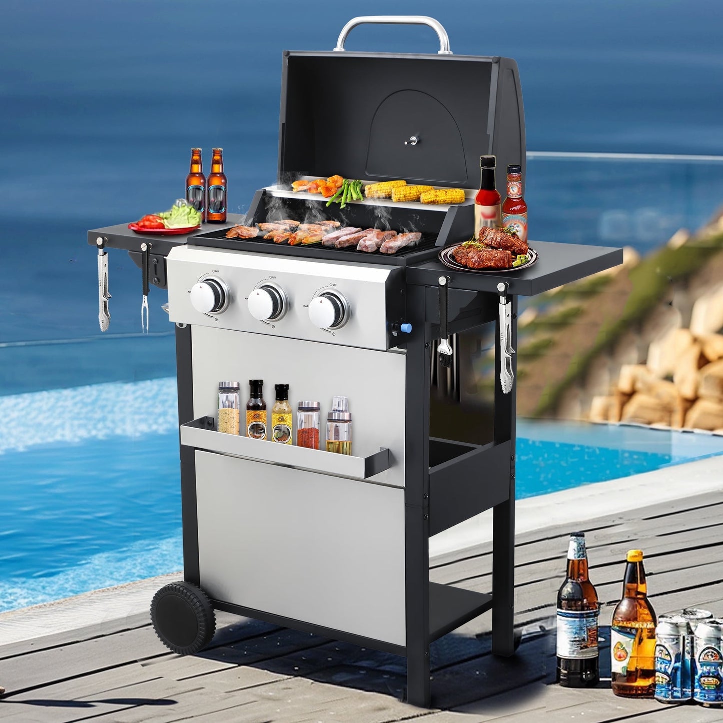 Seizeen Outdoor BBQ Grill w/Foldable Side Table, 3 Burners Propane Gas Grill Stainless Steel for Camping, 25650BTU, One-button Ignition System, Thermometer