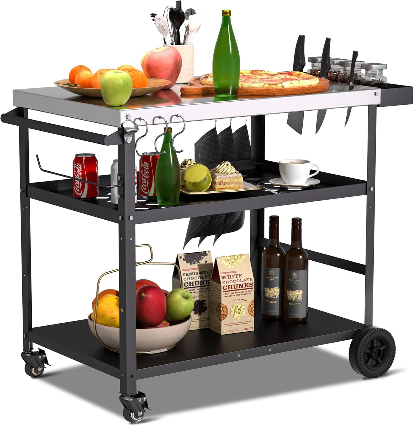 Spurgehom Grill Table, Movable Grill Cart with Wheels & Stainless Tabletop, Outdoor Kitchen Food Prep Table, Black