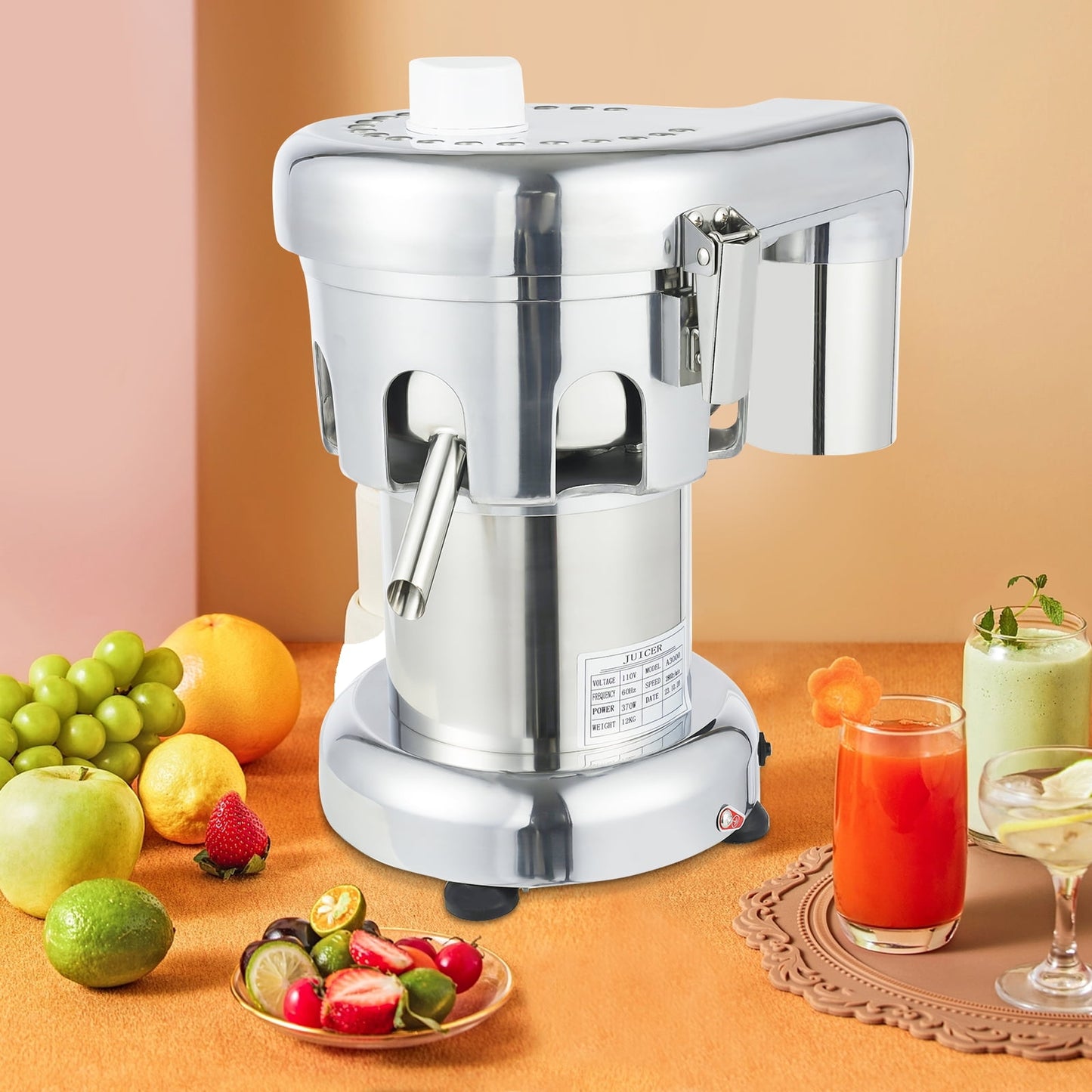 Stainless Steel Electric Juicer Machine 370W, 2800 RPM, 8-Position Juice Outlet, Fruit & Vegetable Pulp Separator, 110V US Plug